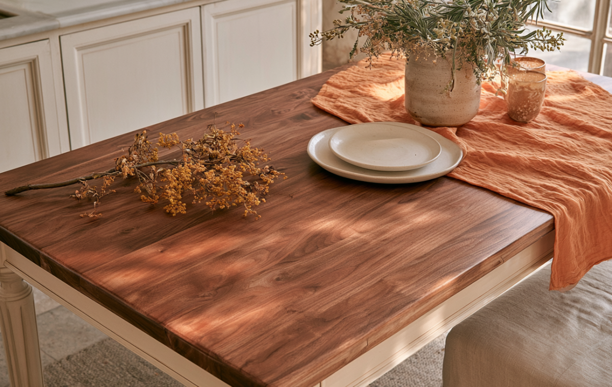 Wooden dining table styled with a terracotta linen runner, ceramic vase, and dried botanical centerpiece.