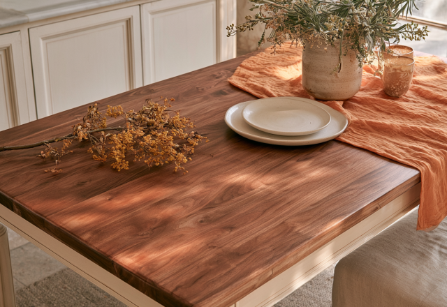 Wooden dining table styled with a terracotta linen runner, ceramic vase, and dried botanical centerpiece.