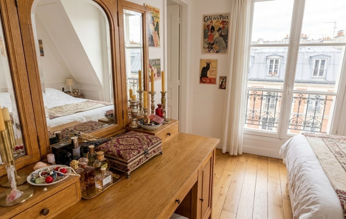 Wooden dressing table decor with vintage mirror and perfume bottles in an attic bedroom