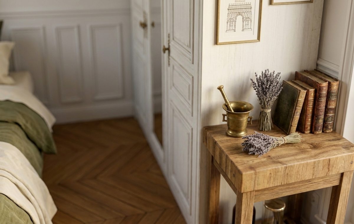 Wooden nightstand styling featuring vintage books, dried lavender, and a brass mortar in a bright bedroom
