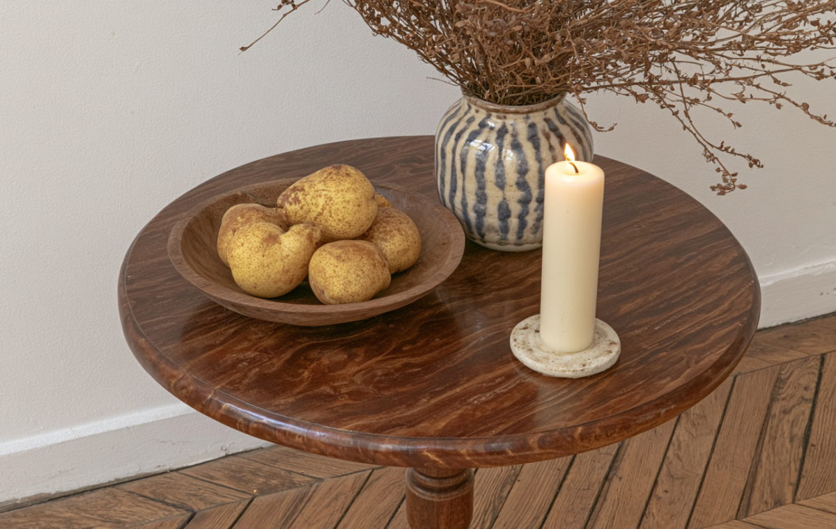 A warm wooden pedestal table styled with a bowl of pears, a ceramic vase with dried stems, and a lit candle.