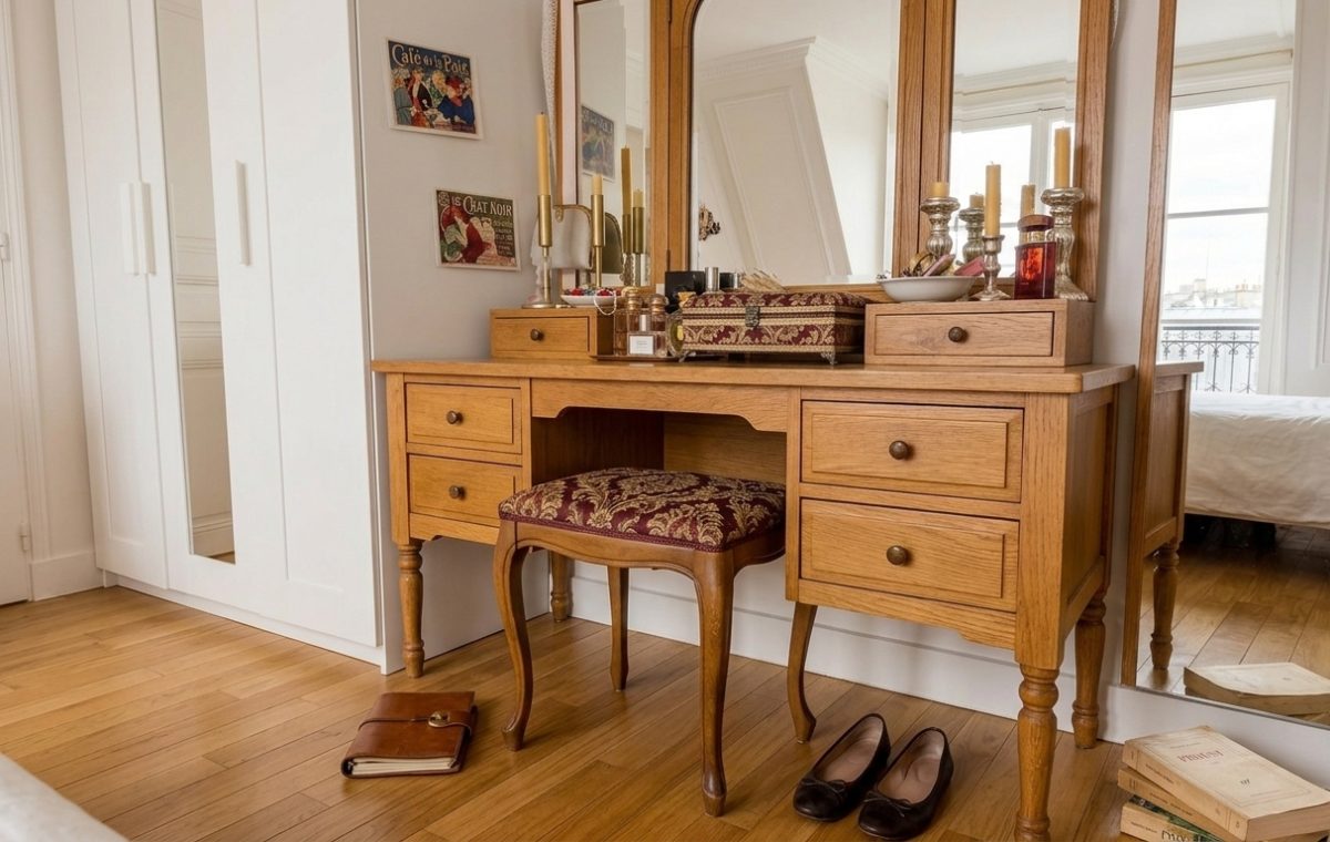 A classic wooden vanity table with a triple mirror and upholstered stool in a bright bedroom.