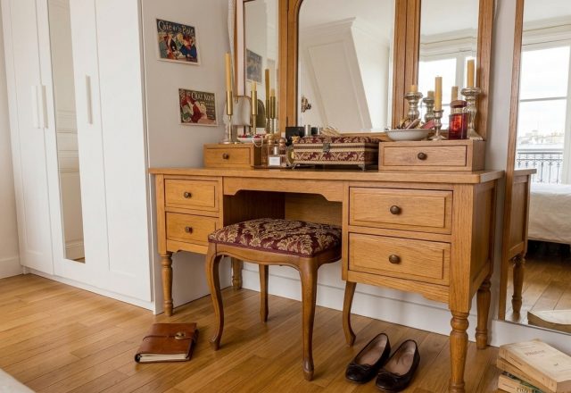 A classic wooden vanity table with a triple mirror and upholstered stool in a bright bedroom.