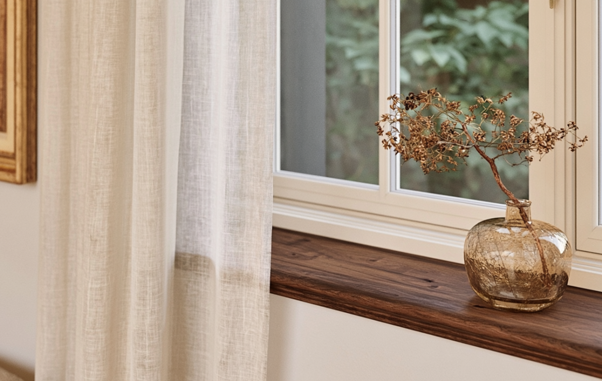 Close up of a dark wooden window sill styled with an amber glass vase and sheer linen curtains in a bright room.