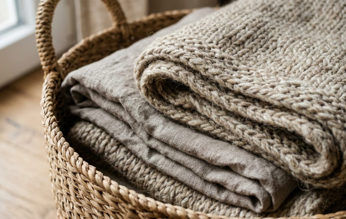 A woven storage basket filled with cozy knit blankets and linen throws resting on wooden flooring near a window.