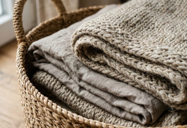 A woven storage basket filled with cozy knit blankets and linen throws resting on wooden flooring near a window.