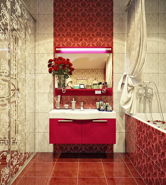 Best Bathroom Designs In The World With Red Color And Spirit Atmosphere Complete With Leaf Plant Pattern Wall