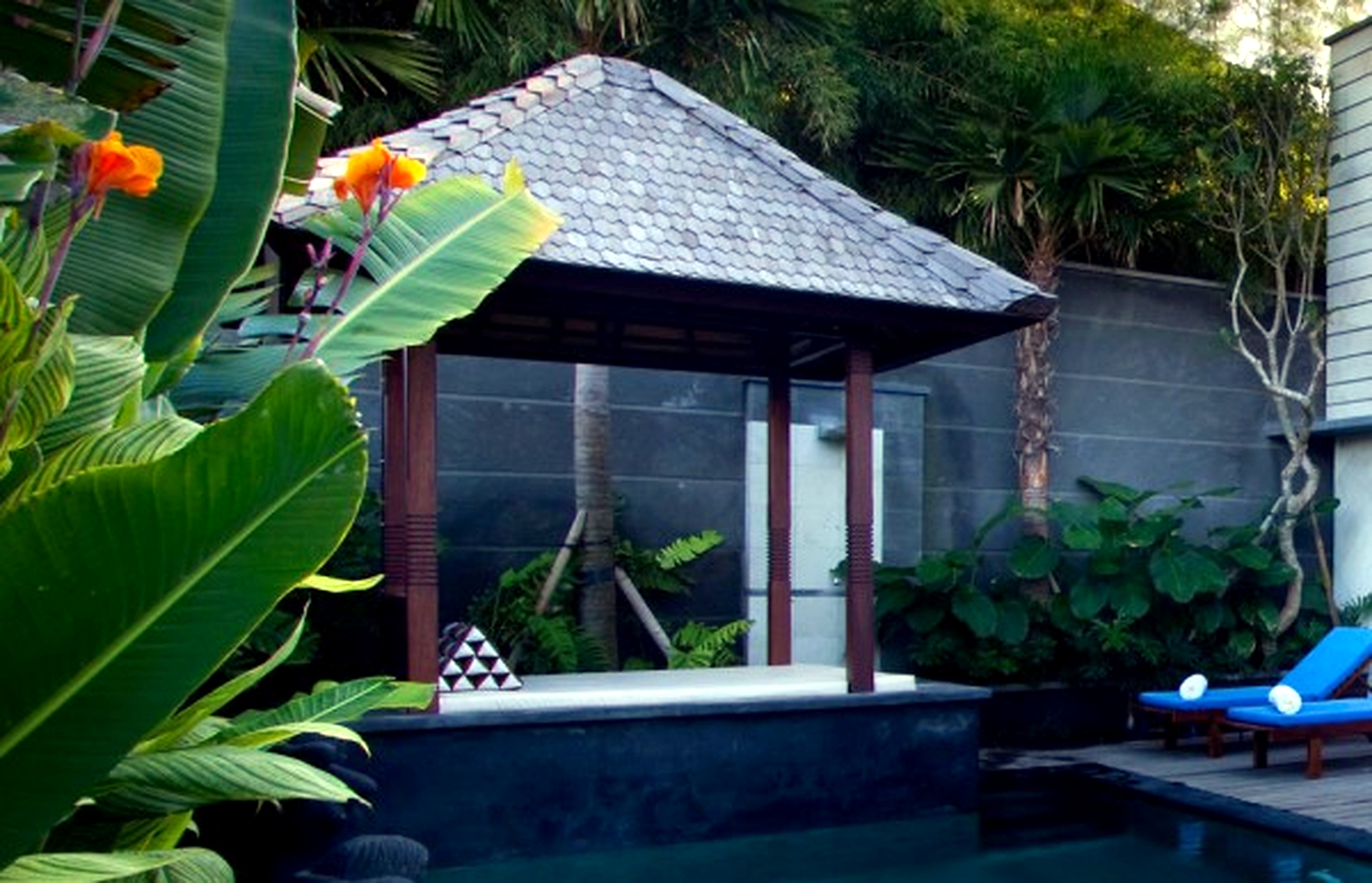Exotic Khayangan Dreams Villa Seminyak Bali Indonesia With Tropical Nuance: Relaxing Balinese Outdoor Swimming Pool Lights In Khayangan Dreams Villa