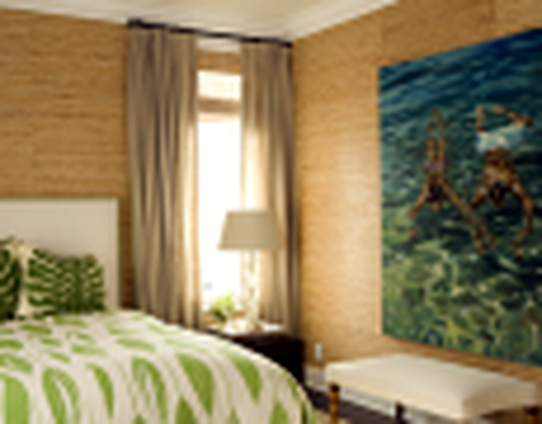 Natural bedroom with fresh and relaxing atmosphere Natural Bedroom With Water Drawing And Leaf Bedding