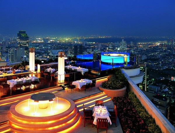 Amazing Lebua sirocco exterior with wonderful waterfall decoration and adorable evening view