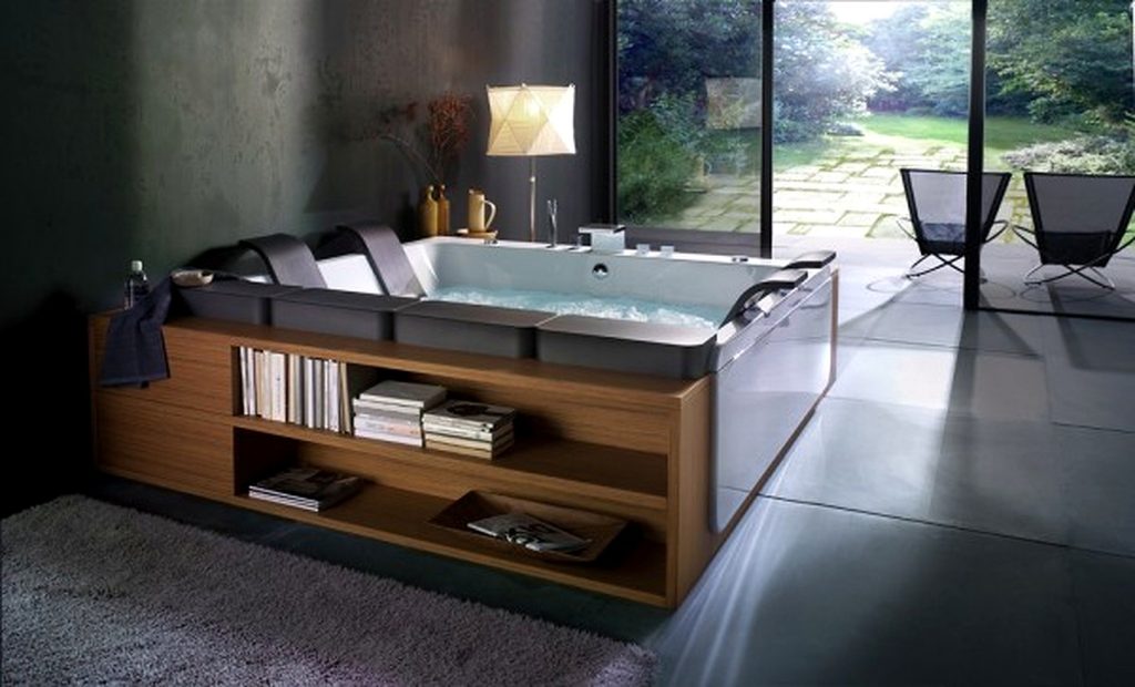 Modern Natural Bathroom Remodeling Idea With Spa Bath Up And Book Shelf 600x363 1