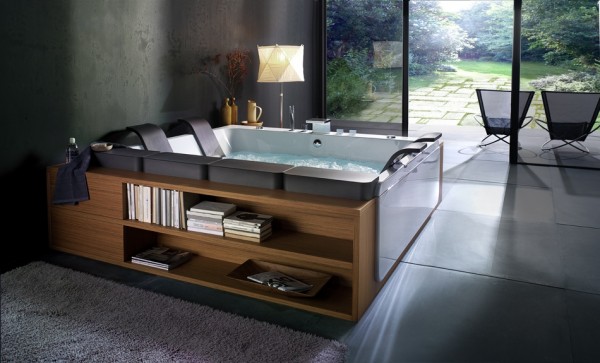 Amazing Up-to-date Bathroom Remodeling Design Idea: modern natural bathroom remodeling idea with spa bath up and book shelf 600×363 1