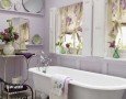 Amazing Up-to-date Bathroom Remodeling Design Idea: modern purple flowery bathroom remodeling design idea with purple flower vase and purple flowery bathroom curtain decoration