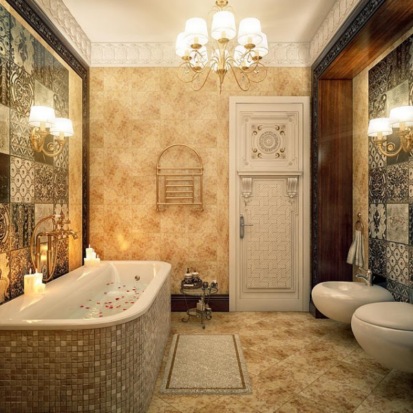 : Modern Bathroom Design Pictures With Beautiful Hanging Lamp And Tiled Bath Up
