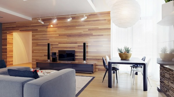 : Brown Living Room Ideas With Wood Texture Wall