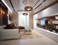 Cool Livingroom Interior Design for Wide Space: interior design for brown living room with glass shelf and adorable ceiling