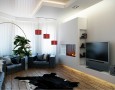 Cool Livingroom Interior Design for Wide Space: modern white living room design idea with mini fireplace and bear skin carpet