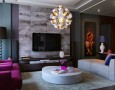 Cool Livingroom Interior Design for Wide Space: purple and gray living room designs with fantastic lamp decoration