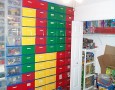 Educative indoor playground room with colorful lego: Lego rack in indoor playground room