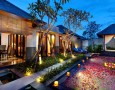 Exotic Khayangan Dreams Villa Seminyak Bali Indonesia with Tropical Nuance: romantic flowery swimming pool accessories with pink rose and love candle as swimming pool light decoration