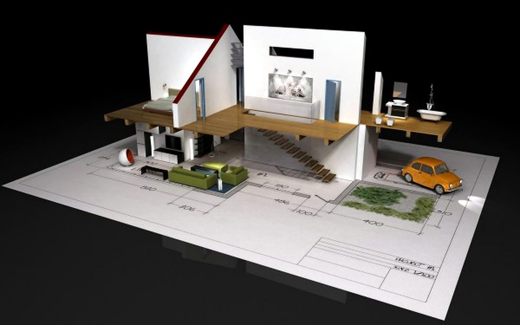 3D Building Scheme Model For Modern Two Storrey House With A Garage Bathroom Living Room And Bedroom 600x375 1