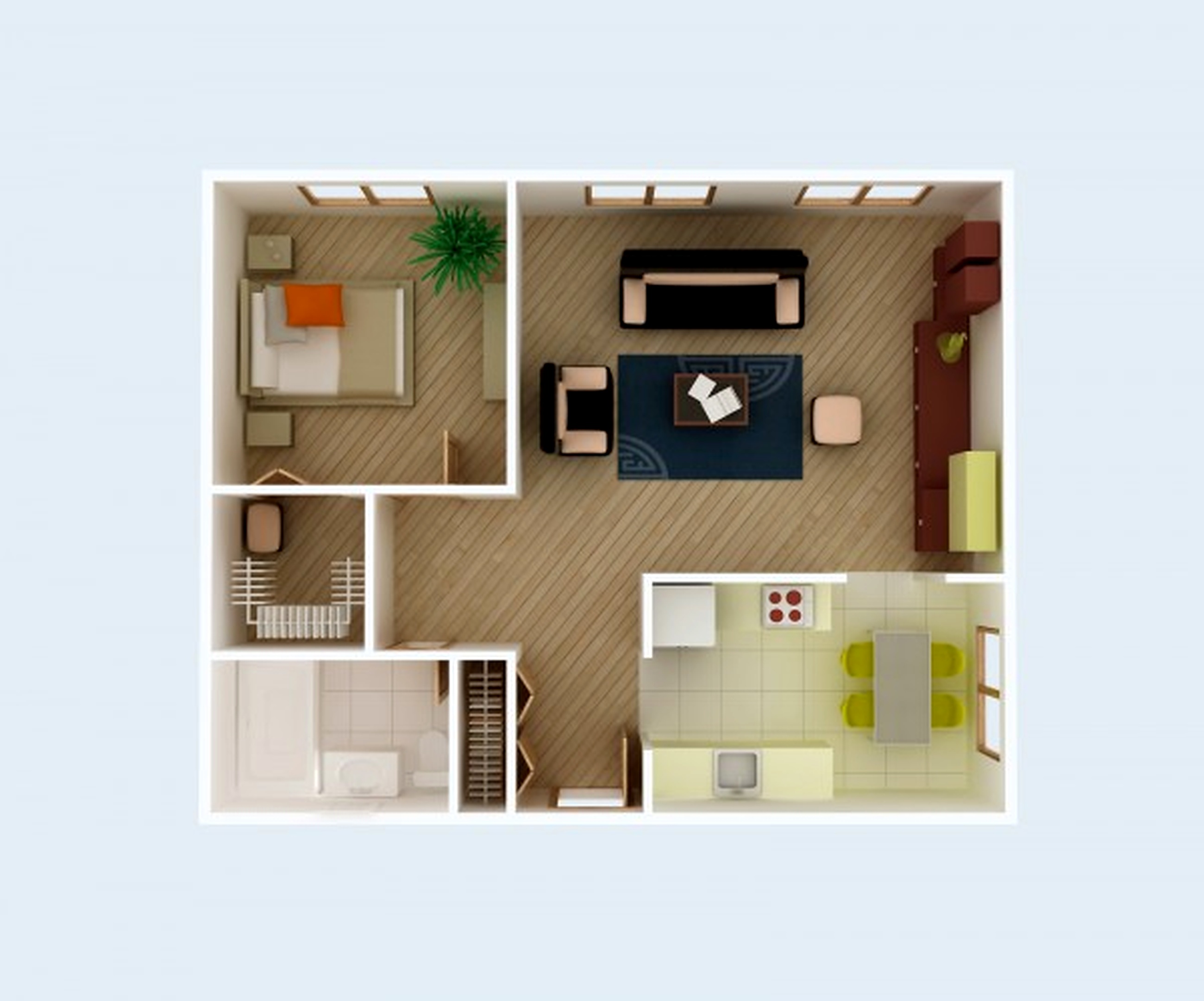 Good 3D Building Scheme and Floor Plans Ideas for House and Office Design: simple 3d house plan with one bedroom with closet living room dining cum kitchen and bathroom design