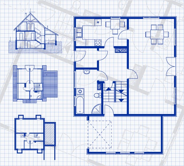: Three Storey House Blueprint With Vertikal And Horisontal View