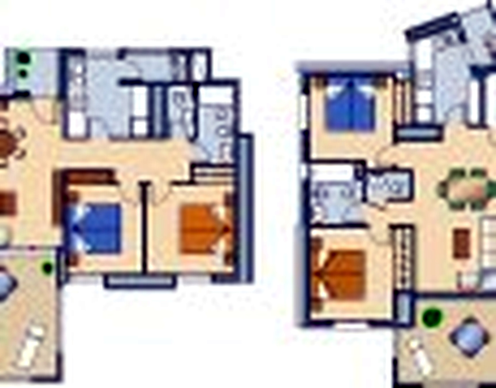 Good 3D Building Scheme and Floor Plans Ideas for House and Office Design: two-inspirations-for-home-building-scheme-with-two-bedroom-a-kitchen-living-room-cum-diningroom-and-two-bathroom-design-idea
