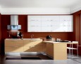 Kitchen Design for Small Home with Modern and Minimalist Style: brown contemporary kitchen in small space with modern cooker hood and dining table for 2 people