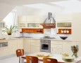 Kitchen Design for Small Home with Modern and Minimalist Style: creamy kitchen for small spaces with modern kitchen hood and dining table for 6 people