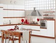 Kitchen Design for Small Home with Modern and Minimalist Style: modern small house kitchen with white and wood nuance combined with a cone kitchen hood and a rustic table for 4 people