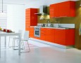 Kitchen Design for Small Home with Modern and Minimalist Style: orange and white modern small kitchen design inspiration with rectangle chimney kitchen hood