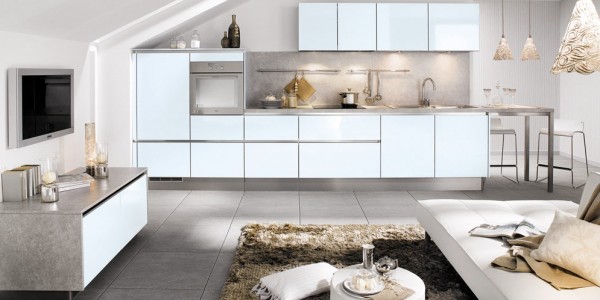 small kitchen layouts which combined with white nuance living room and modern cone hanging lamp