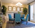 Modern Dining Room Design with Mango Wood Dining Chairs and Glass Top Designs: contemporary glass top dining table with soft blue single soffa with luxury nuance
