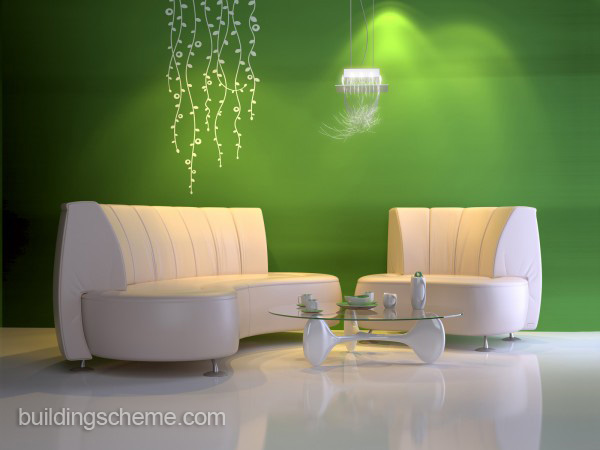 : Green Paint Colors For Minmalist Living Room With White Unique Couches