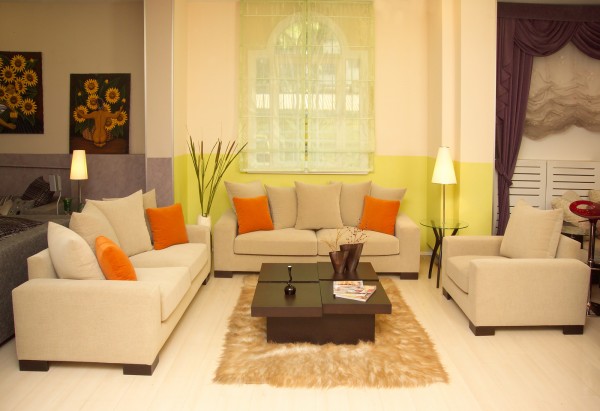 Modern Minimalist Interior Designs For Living Rooms: decorative plants for yellow paint color living room with white modern couches 600×411 1