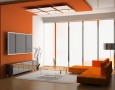 Modern Minimalist Interior Designs For Living Rooms: shelving units for orange paint color living room with modern ceiling design idea