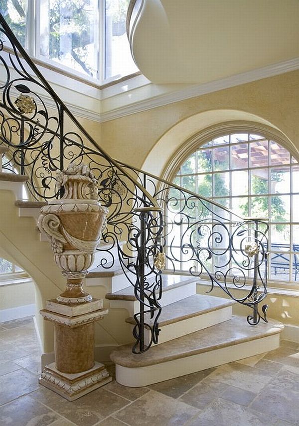 modern spiral staircases with leaf plant pattern iron banister decoration