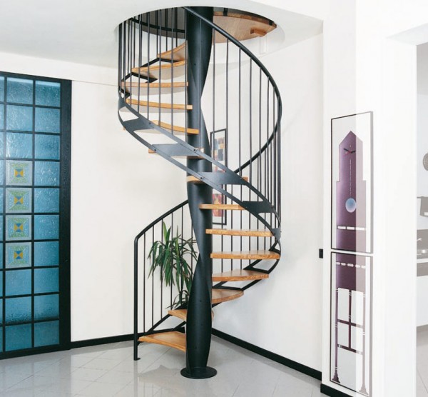 space saver spiral staircase with wrought iron and wooden treads