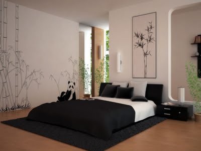 Natural bedroom with panda and bamboo wallpaper Natural bedroom with panda and bamboo wall painting