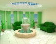 Nice Curtain Style Ideas for Contemporary and Modern Living Room: Green living room curtains for modern Interior design with waterfall in 3d