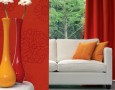 Nice Curtain Style Ideas for Contemporary and Modern Living Room: Orange curtains for Minimalist living room with flowery wall decoration